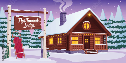 Cozy Winter Log Cabin Lodge Illustration with Snow, Pine Trees, Chimney Smoke, and Sled in Peaceful Forest Landscape