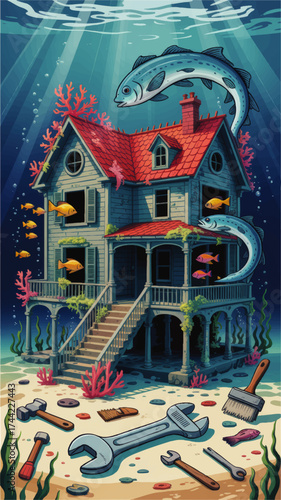 Surreal Underwater House with Colorful Fish, Tools, Coral, and Sunbeams – Fantasy Ocean Scene Illustration