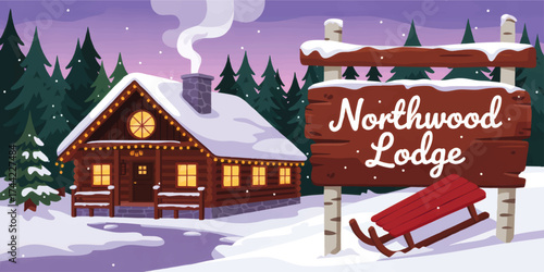 Cozy Winter Cabin Lodge in Snowy Forest with Pine Trees, Holiday Lights, Rustic Wooden Sign, and Sled – Cartoon Vector Illustration