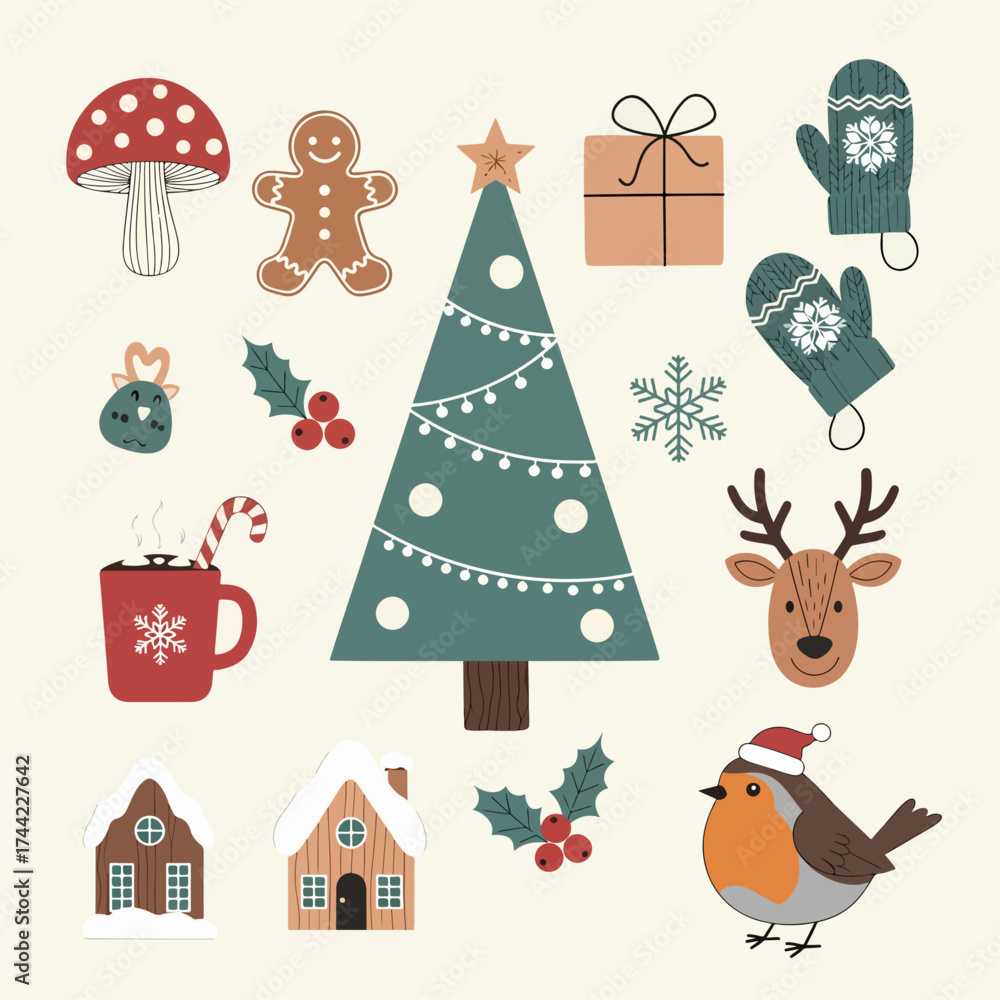 Fototapeta premium Set of Christmas elements. Holiday symbols and New Year design elements are hand drawn on a white background