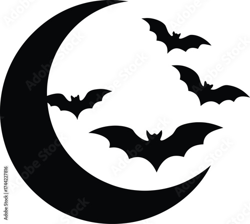 Bats flying across moon silhouette vector art illustration