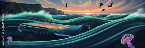 Majestic Whale Ocean Sunset Illustration With Colorful Waves, Jellyfish, Birds, and Dramatic Cliffs in Fantasy Seascape Art