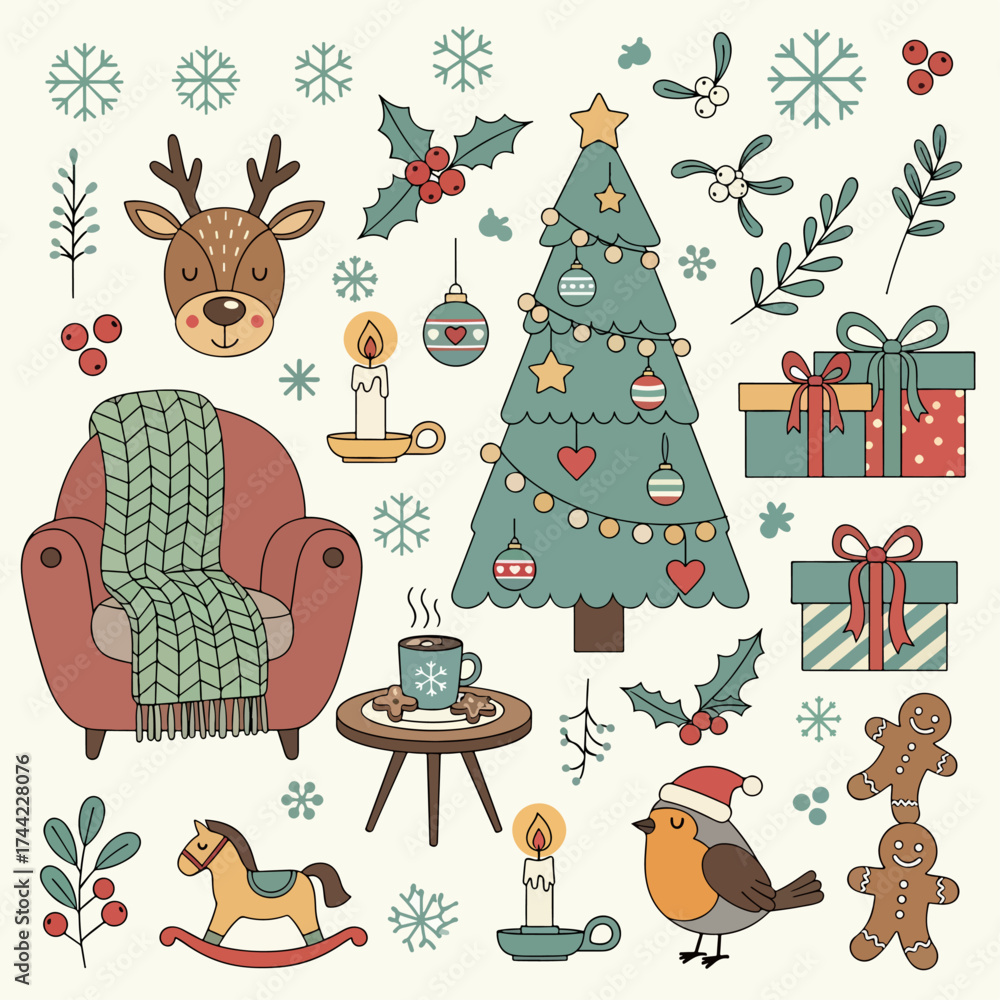 Naklejka premium Christmas set of decorative elements and characters for design. Santa Claus, rabbit, gingerbread and gifts. Vector flat illustration on white background in hand drawn style.