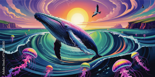 Vibrant Surreal Ocean Scene with Breaching Whale, Colorful Jellyfish, Sunset, and Dramatic Cliffs in Vector Art Style