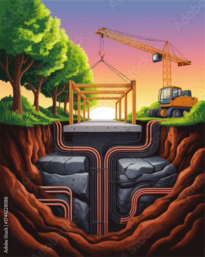 Construction Site Illustration with Crane, Wooden Frame, Underground Utility Pipes and Sunset Sky in Forest Setting