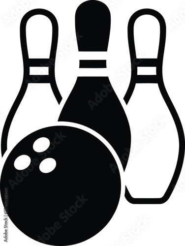 Black and white graphic illustration of a bowling ball and pins