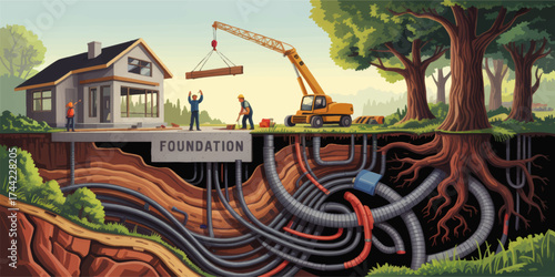 House Foundation Construction and Underground Infrastructure, Tree Roots and Utility Pipes, Nature vs Technology Concept Illustration