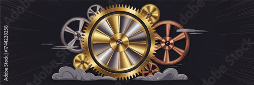 Abstract Steampunk Gears and Cogs Mechanism, Metallic Golden and Copper Wheels on Dark Background, Industrial Technology Illustration