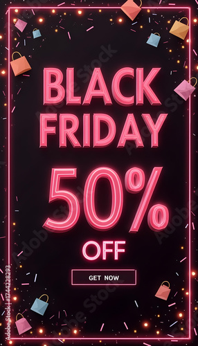 Black Friday sale banner with neon glow. Modern Black Friday banner with shopping bags and glowing neon discount text.