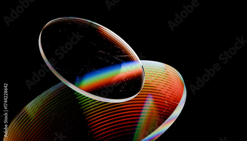 Quadro su tela Close up of two overlapping glass lenses with colorful light reflections on blac