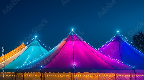Colorful Tent Tops with String Lights at Night, Celebration Tents Canopy