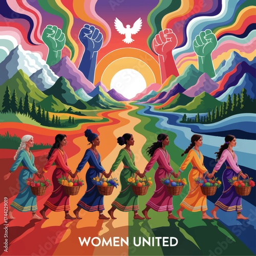 Empowered Women United for Social Justice - Diverse Feminist Group Marching in Colorful Nature, Equality Movement Art