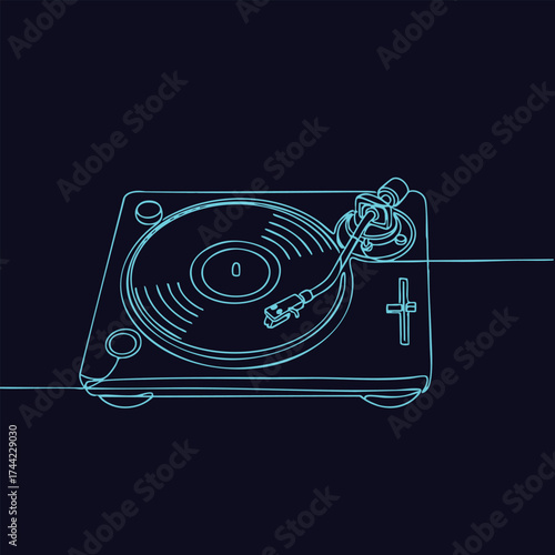 Turntable with tonearm and stylus depicted in a detailed digital line art style on a dark