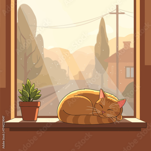 Cute Ginger Cat Napping On Sunny Windowsill Cartoon Illustration