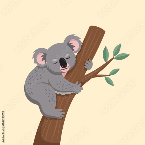 Cute Koala Sleeping Peacefully On A Branch Illustration For Children
