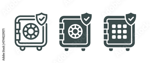 Three icons of safes with security shields