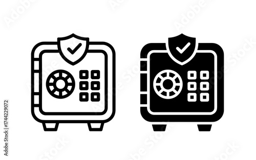 Two icons of a safe with a shield and checkmark