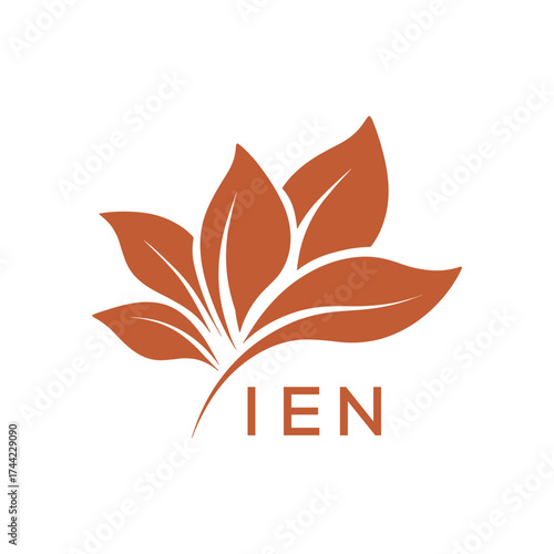 Botanical Nature Logo with Leaves in Brown, IEN Later Logo, Elegant Plant Emblem with Typography, 
