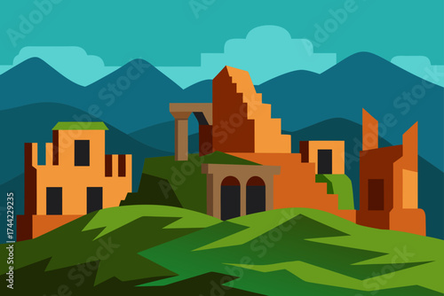 Stylized illustration of ancient ruins on a grassy hill with mountains in the background