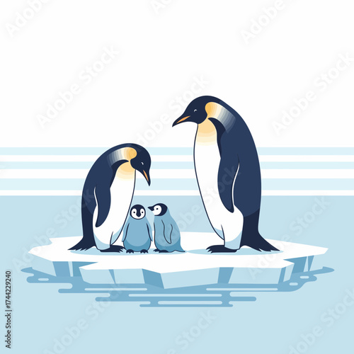 Emperor Penguins Family Standing Together on Iceberg Illustration