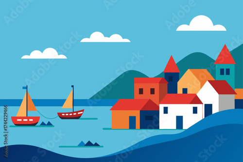 Colorful illustration of a coastal village with sailboats on the water