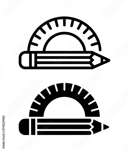 Set of two black icons of a protractor and pencil