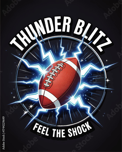 Dynamic American Football Illustration with Lightning Effects, Thunder Blitz Typography, and Electrifying Sports Energy on Dark Background