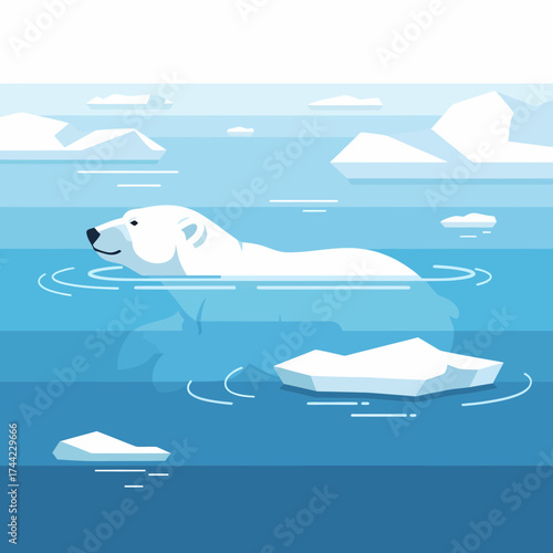 Polar Bear Swimming In Arctic Waters With Ice Floes Illustration
