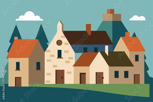 Charming village scene with colorful houses and evergreen trees