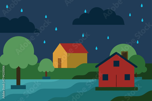 Cartoon houses in a rainy landscape with flooded ground