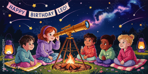 Kids Birthday Stargazing Party Illustration—Children with Telescope by Campfire, Night Sky, Banner, and Lanterns for Educational and Celebration Themes