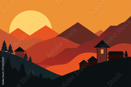 Minimalist mountain village at sunset with warm orange hues