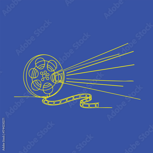 Vintage film reel with projecting light beams on a plain blue , representing cinema, filmmaking, and entertainment industry elements