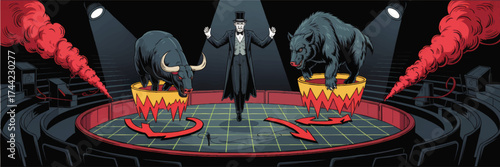Dramatic Stock Market Circus Illustration with Bull and Bear, Ringmaster, Arena Lights, and Financial Symbolism in Vector Art