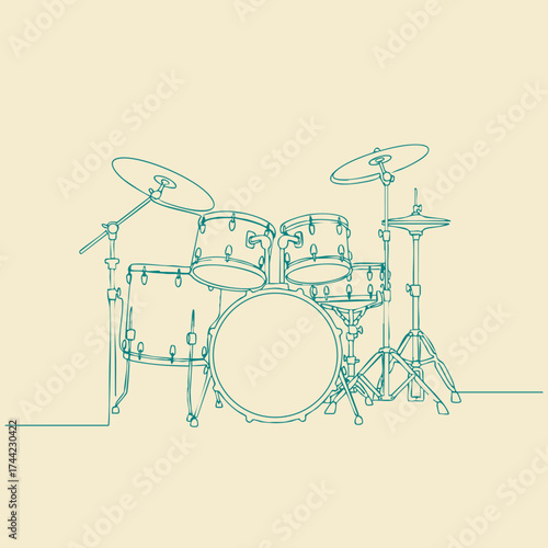 Minimalist line drawing of a drum set with cymbals and hardware on a plain