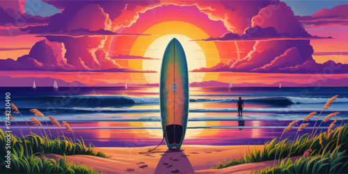 Vibrant Sunset Beach Surfing Illustration with Surfboard, Ocean Waves, Sailboats, and Colorful Sky for Summer Adventure Concepts