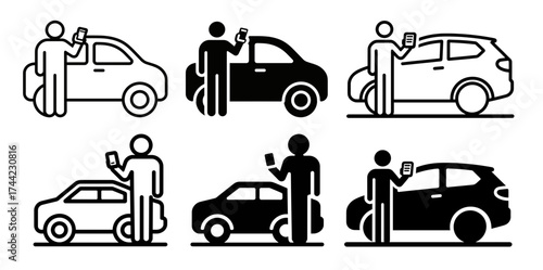 Icons of people interacting with cars parking ticket