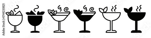 Set of six stylized cocktail icons, some filled, some outlined