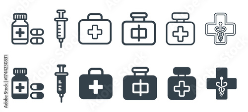 Medical icons pills, syringe, first aid kit, caduceus