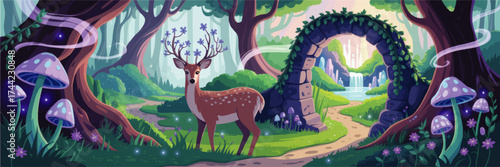 Magical Enchanted Forest Landscape with Fantasy Deer, Glowing Mushrooms, Stone Arch, Waterfall, Cartoon Nature Illustration