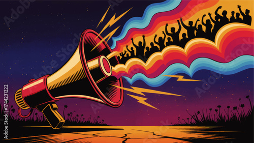 Vibrant Megaphone with Colorful Sound Waves and Cheering Crowd Silhouette, Pop Art Concept for Activism, Announcement, Communication