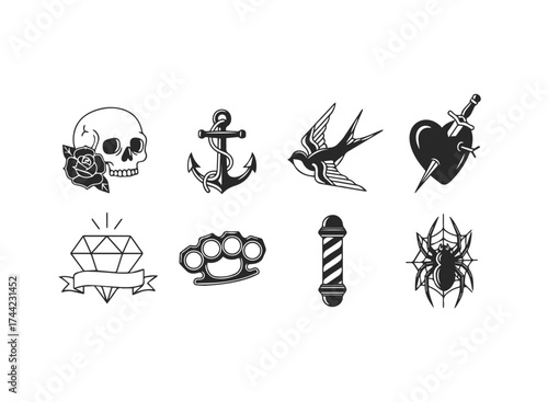 Collection of traditional tattoo flash art icons