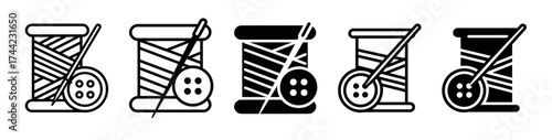 Set of sewing icons with thread, needle, and button