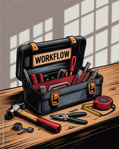 Vector Illustration of Tool Box with Workflow Label, Diverse Tools on Wooden Workbench, Sunlight Shadow, Productivity Concept