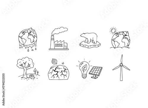 Set of handdrawn icons representing environmental issues