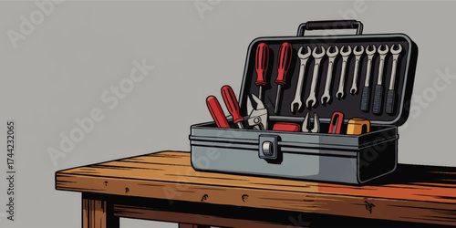 Cartoon Tool Box on Wooden Table with Open Lid Displaying Hand Tools, Wrenches, Screwdrivers, and Pliers Isolated on Gray Background