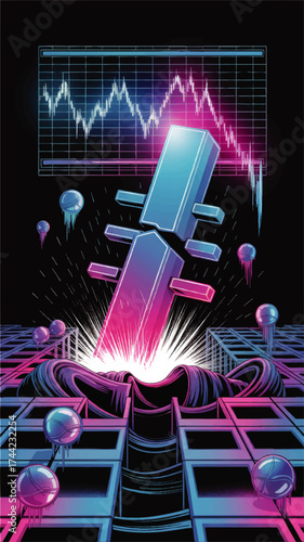 Futuristic Digital Currency Crash Concept With Neon Colors, Stylized Financial Chart Drop, Cryptocurrency Collapse Illustration