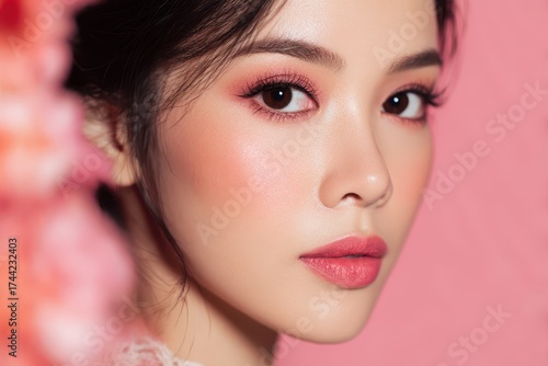Close up of a beautiful young Asian woman posing to the camera with full make up, beauty concept.