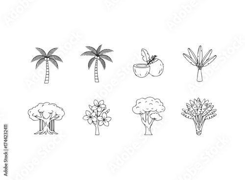 Collection of handdrawn tree icons and illustrations