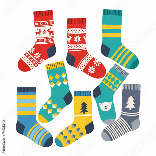 Winter vector seamless pattern with cute socks, hats, mittens. Merry xmas pattern. Winter Christmas icons, elements and illustrations